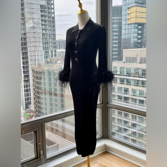 🆕 REBECCA VALLANCE 🧿 NWOT Soraya Feather-Trimmed Knit Midi Dress, Black - Sz S - Picture 4 of 14